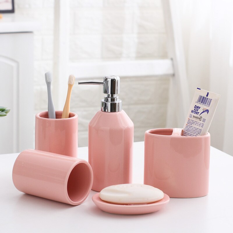 Roze Keramische Badkamer Toilettas Set-Pure Kleur Badkamer Vijf Stuk Set-Huishoudelijke Accessoires Set-Druk Fles-Badkamer Kit Suppli: A