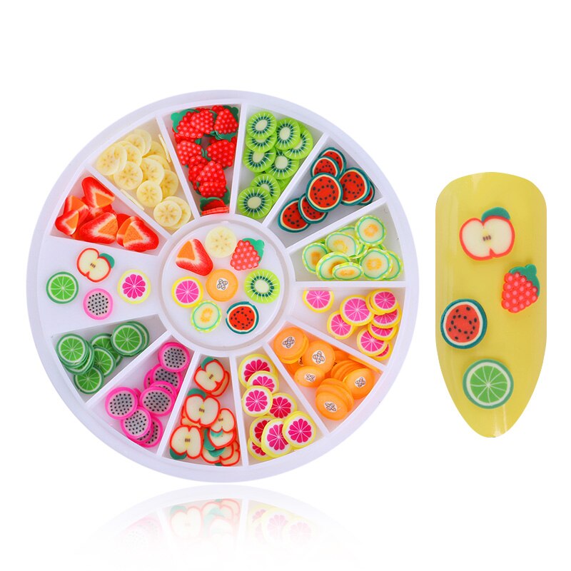 Décoration pour les ongles fruits 3D, 12 motifs/boîte, joli pastèque, Orange et fraise, coloré et brillant