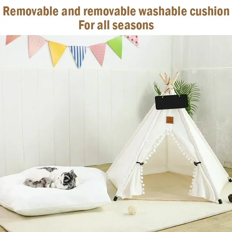 Tienda tipi para mascotas para gatos y perros, casa para perros lavable y extraíble portátil, casa para cachorros de interior con cojín y pizarra para gatos