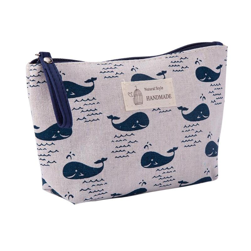 Neceser de maquillaje para mujer, kit de viaje a cuadros, bolsa para cosméticos de lienzo con cremallera impresa, bolso de teléfono, organizador, conjunto de maquillaje de belleza: Whale