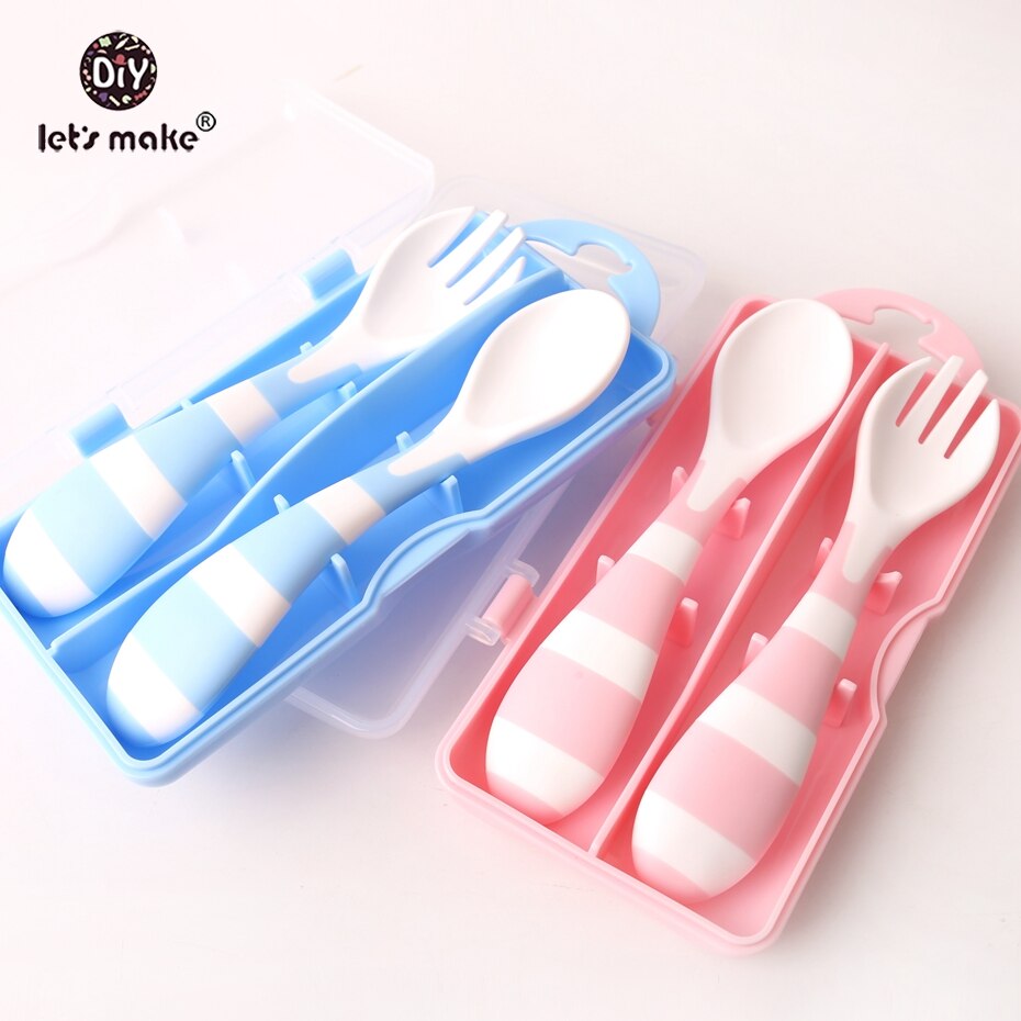 Låt oss göra babyskedar som matar rätter bestick för barn bestick bestick färre sked plast med låda babyredskap