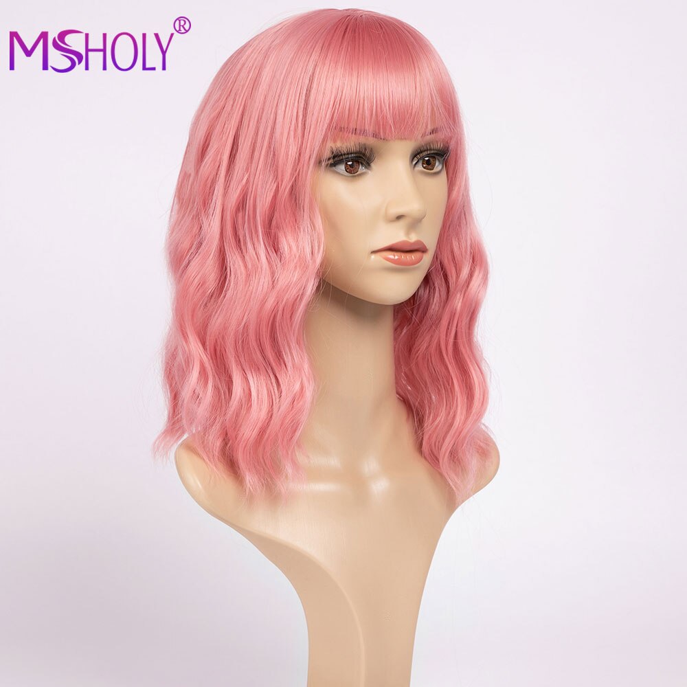 Roze Golvend Pruik Met Pony Korte Bob Pruik Krullend Golvend Bob Synthetisch Rood Blonde Groen Paars Pruiken Hoge Temperatuur Cosplay pruik Msholy