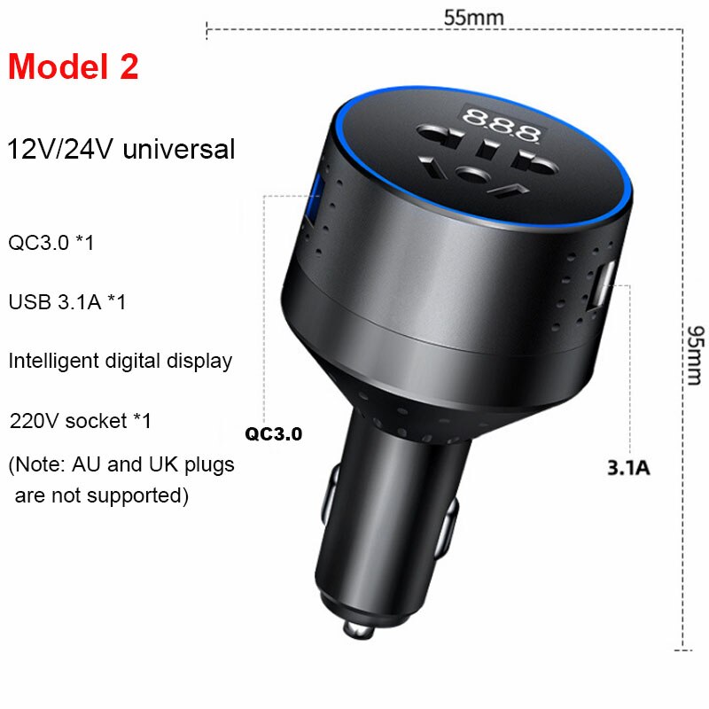 Urvns 12V Naar 220V Auto Omvormer Type-C Pd QC3.0 Snel Opladen Auto-oplader Sigarettenaansteker Usb lader Met Spanning Display: Model 2