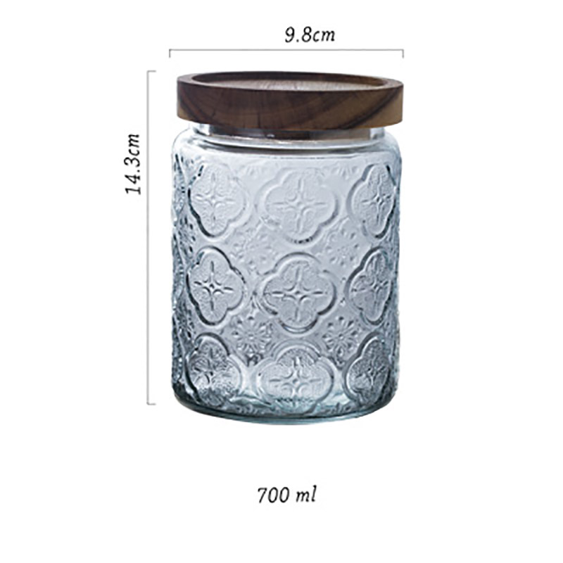 Relief Glass Storage Jar Carved Flower with Wooden Lid Sugar Crystal Jars Seal Tea Caddy Grain Dispenser Kitchen Supplies: C-1Solid wood cover