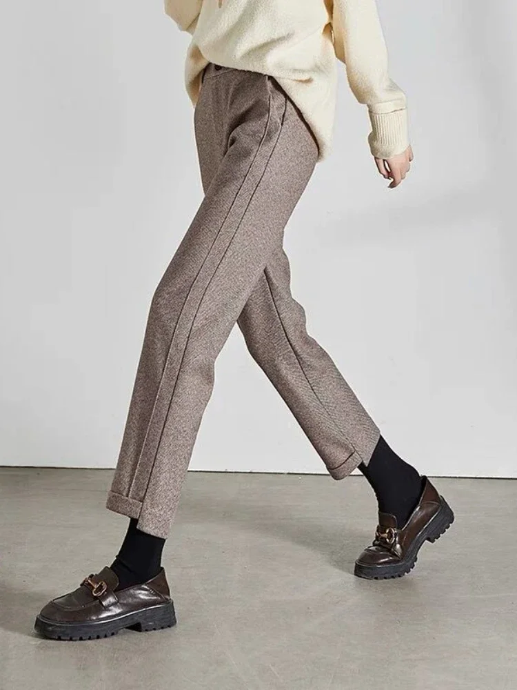 Pantalones rectos de Tweed de cintura alta para mujer, pantalón corto grueso y cálido, holgado, informal, en espiga, otoño/invierno, 2025