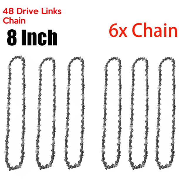 8 tums mini elektrisk motorsåg sladdlös handhållen beskärningssåg bärbar batteri träskärare hem trädgård elverktyg: 6x kedja