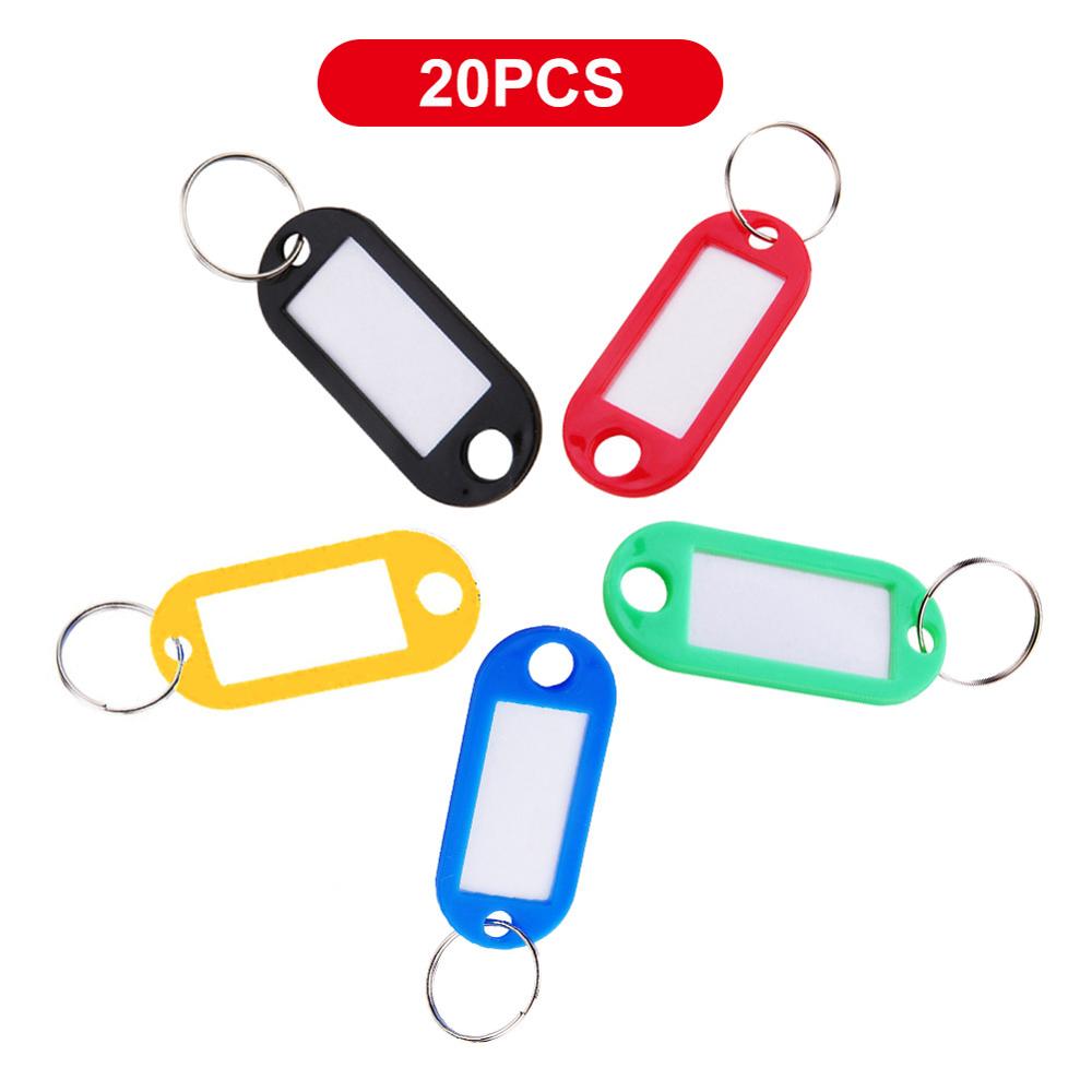 Plastik nøgle tags rejsetaske og bagage id label tags med ring og klart vindue nøgle arrangør kæder ringe værktøjer: 20 stk. fem farver