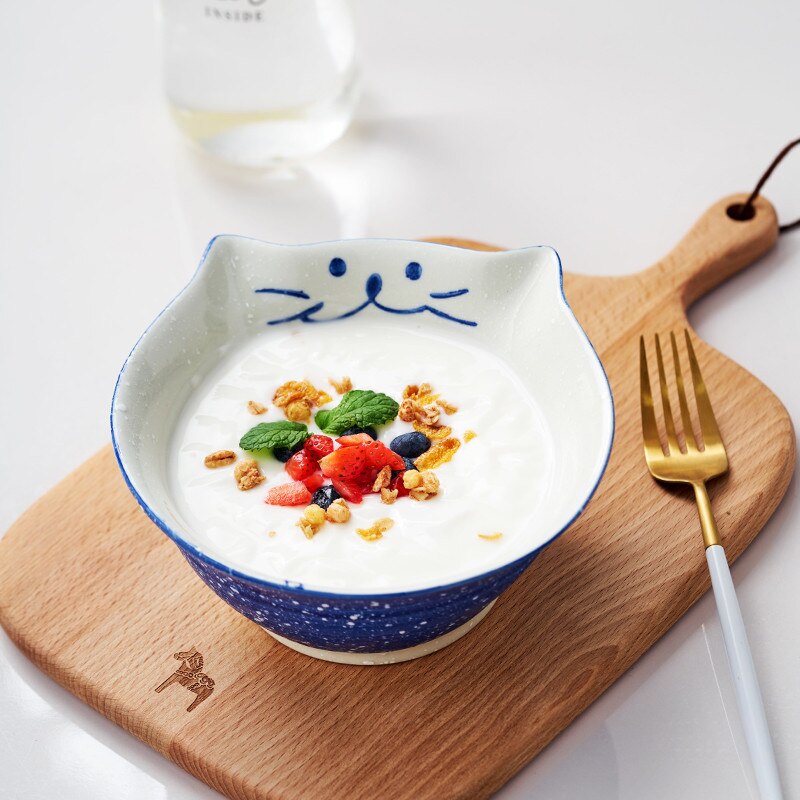 Japansk tecknad söt katt keramik soppskål handmålad porslin ris nudelskål middag dessert biff sallad tallrik servis