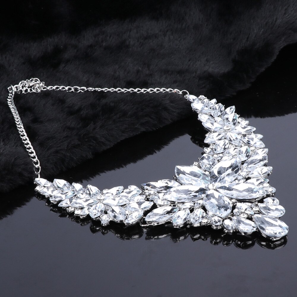 Verzilverd Bridal Sieraden Set Voor Bruiden Crystal Ketting Oorbellen Wedding Party Kostuum Accessoires Decoratie Vrouwen