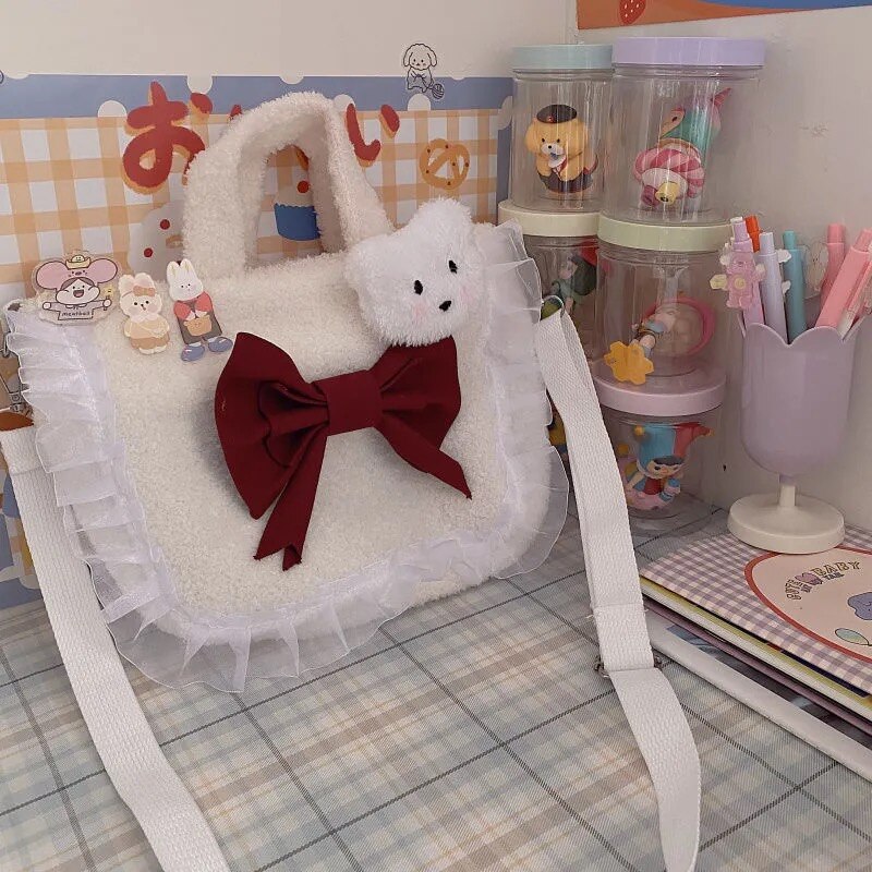 Japanischen y2k bogen frauen schulter tasche Harajuku Kawaii plüsch spitze eins neue leinwand Ulzzang perle kette frauen umhängetasche shpper tasche