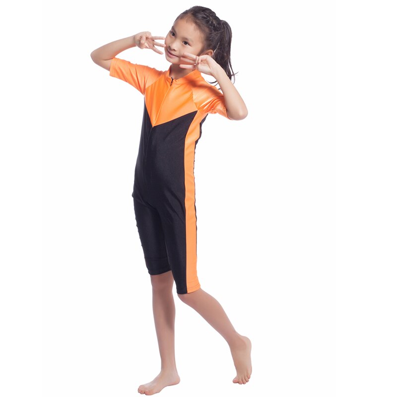 Msulim Meisjes Kinderen Kids Islamitische Vier Seizoen Zwemmen Sets Nylon Patchwork Burkinis Half Mouwen Kalf Broek Jumpsuit HW20B