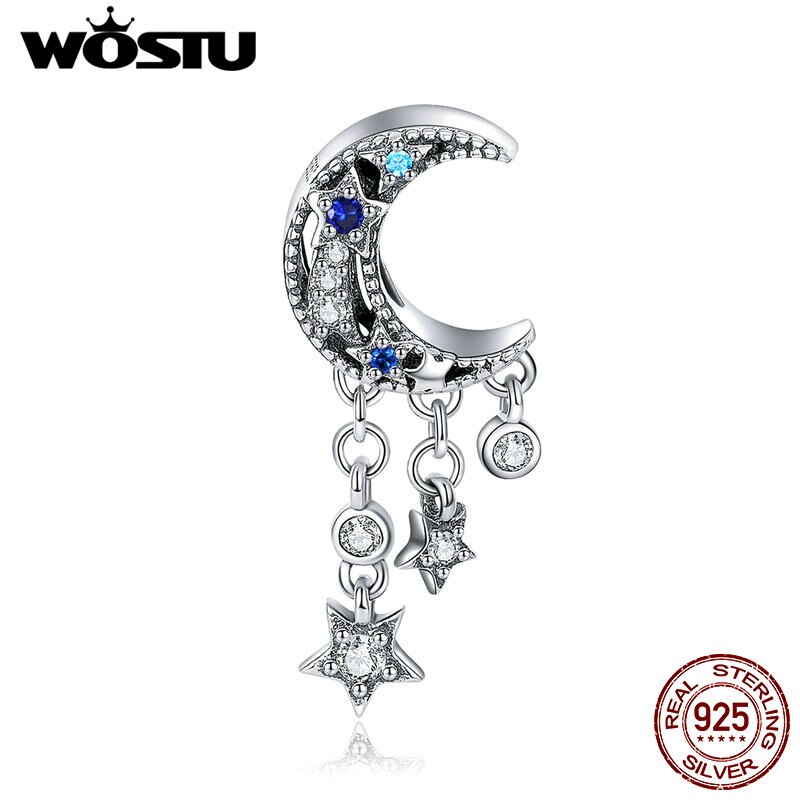 Wostu Real 925 Sterling Zilver Shimmering Midnight Moon & Stars Bead Charms Fit Originele Armband Ketting Sieraden CTC023