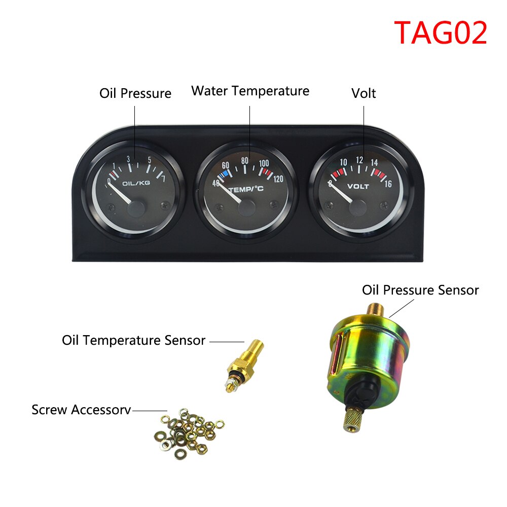 Kit de tres relojes medidores para auto, accesorio indicador de temperatura de aceite, temperatura de agua y presión de aceite, 52 mm, sensor 3 en 1: TAG03