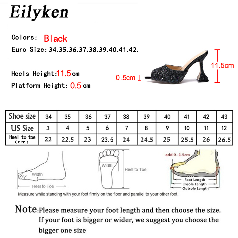 Eilyken verano nuevos zapatos mujer LICRA mulas fluorescentes purpurina Peep toe Slides zapatillas de tacón alto deslizamiento en sandalias de