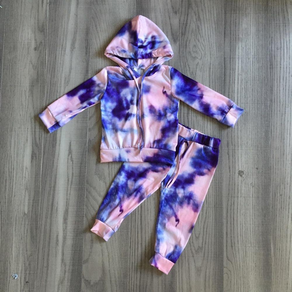 BLUE PINK TIE DYE GIRLS FLEECE HOODIE JOGGER SET - WHITE