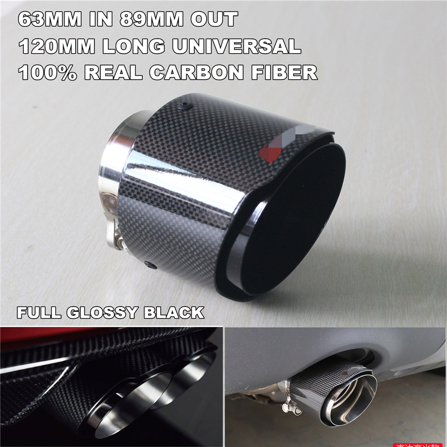 Longitud 120mm en 63mm de descuento. Terminales de escape negros brillantes de fibra de carbono auténtica de 89mm silenciador de tubo silenciador de escape de coche de acero inoxidable