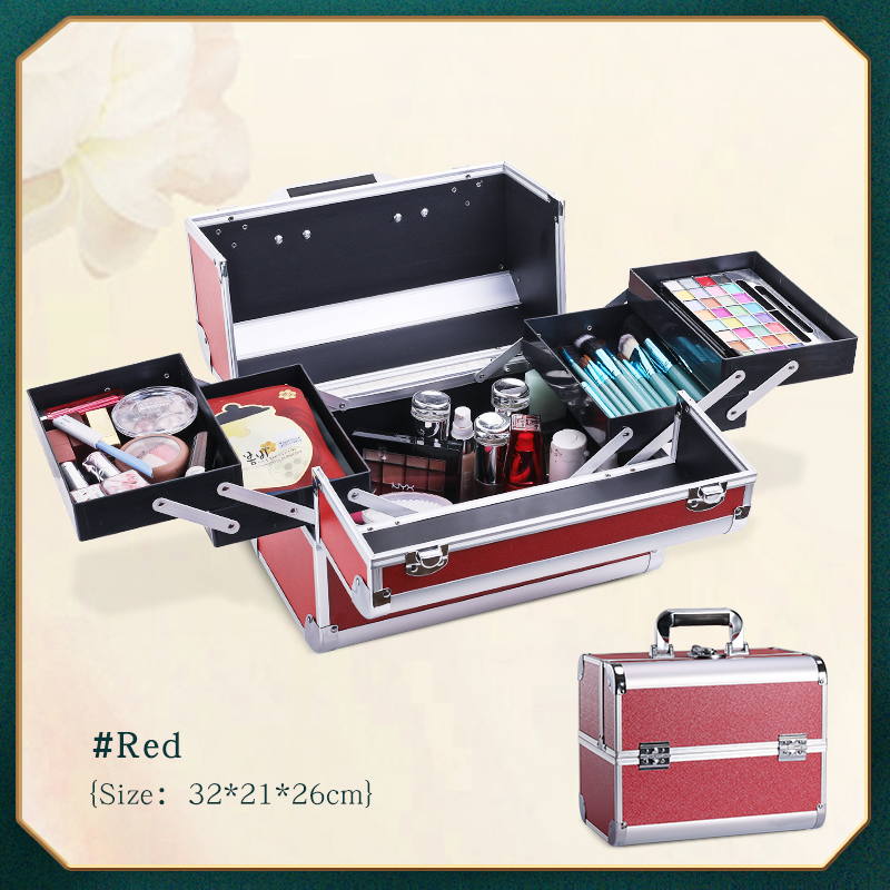 Makeup Train Box With Adjustable 4 Trays Makeup Box Makeup Storage Box With Lock And Compartment: Blue