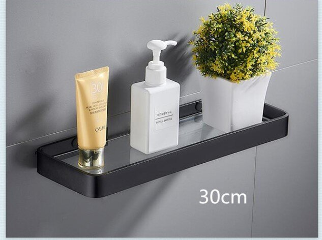 Badeværelseshylde bad bruser hylde søm fri glas hylde satin badeværelse hjørne hylde 25-50cm aluminium køkken opbevaring holder: 30cm sorte