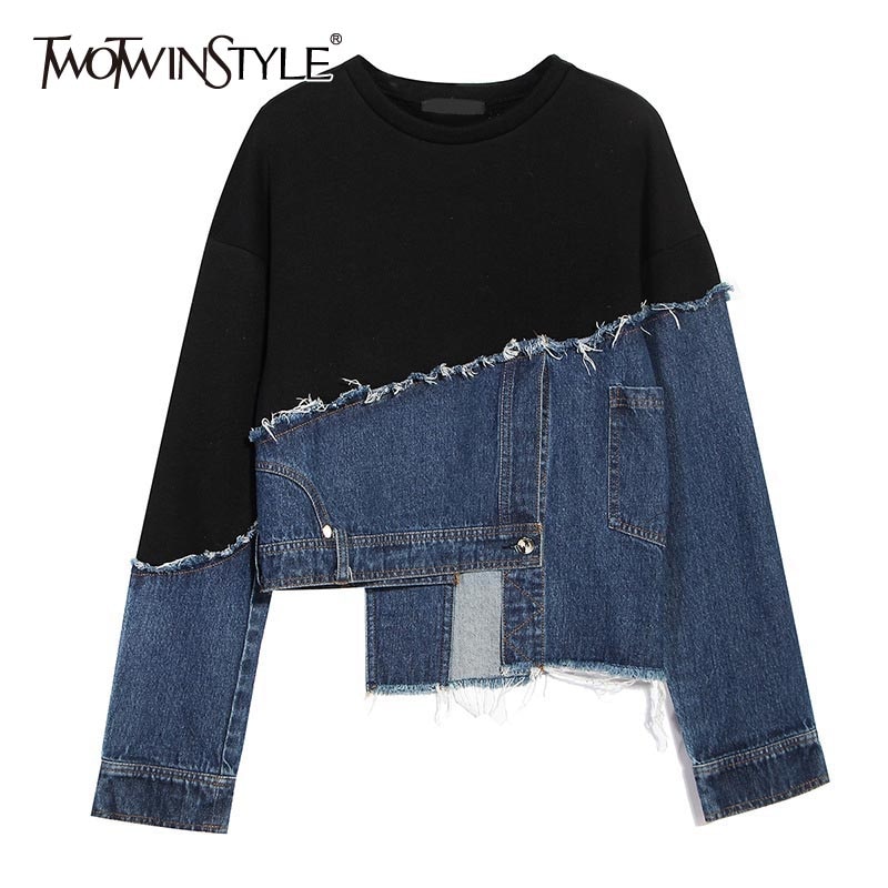 TWOTWINSTYLE, sudadera asimétrica vaquera Pacthwork para mujer, cuello redondo, manga larga, sudaderas con capucha holgadas de Color popular para mujer, novedad de