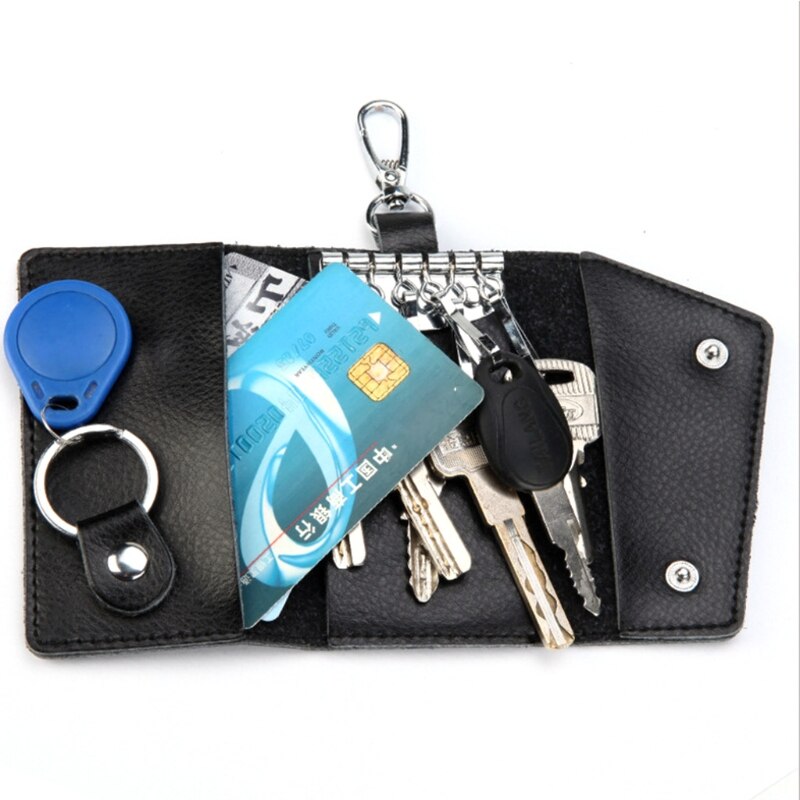Y166 Portable Leather Keychain Key Wallet 6 Hook Button Closure with Card Holder