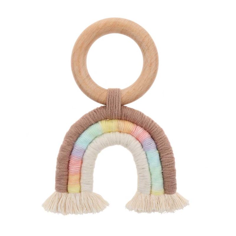 Babybider hæklet træ ring rangle træbiter i fødevarekvalitet babyprodukter gør-det-selv-håndværk børnelegetøj: 90- b