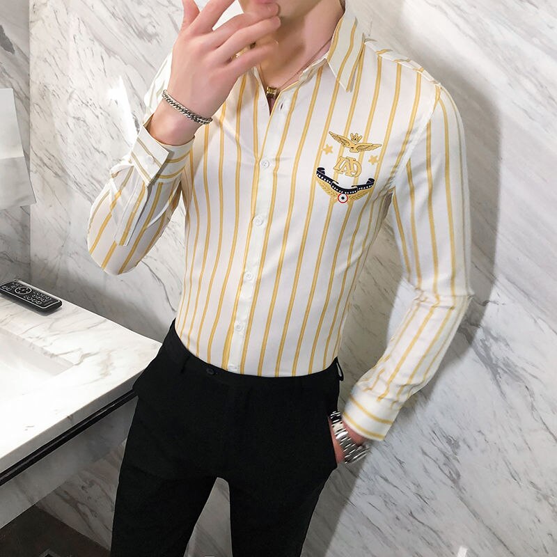 Casual gulrandig skjorta herr slim fit långärmad skjorta herr höstkläder kontor festskjorta herr