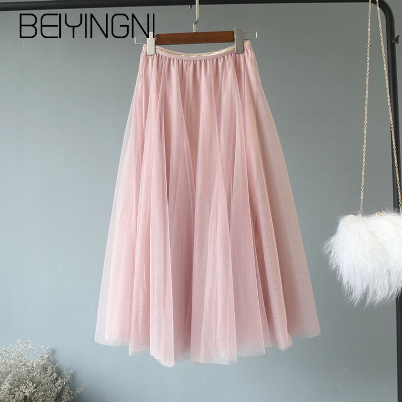 Beiyingni tyllkjolar dam mesh elastisk midja 4 färger tutu kjol söt kpop brudtärnor veckade kjolar falda saia midi: Rosa