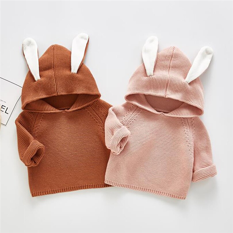 Toddler Kids Hooded Sweater with Rabbit Ear Baby Boy Girls Solid Knit Crochet Tops Winter Long Sleeve Pullover Clothes 3M-3T A20