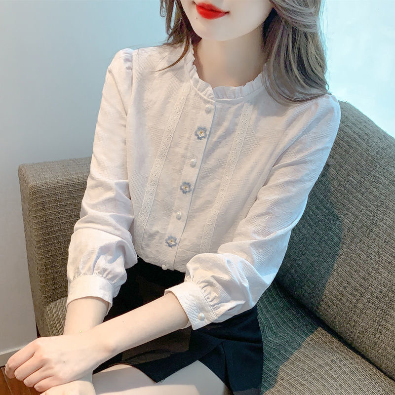 Blusas bordadas para mujer, camisas informales de manga larga con cuello levantado, Blusas de Color sólido, Tops DF4774