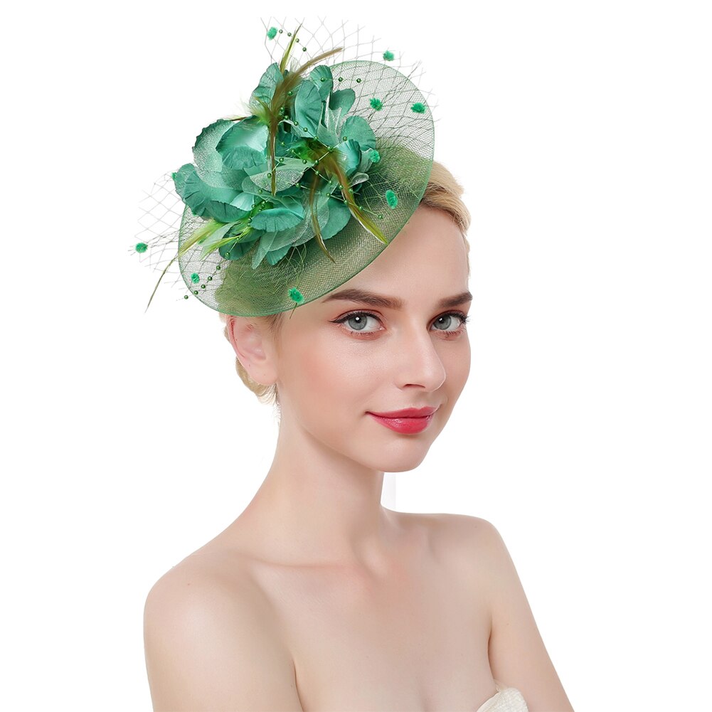 Cintas de malla con flores para mujer, tocado de plumas, sombrero, sombreros, diadema con pinza para el cabello, para la cabeza, cóctel, de té para niña: Verde