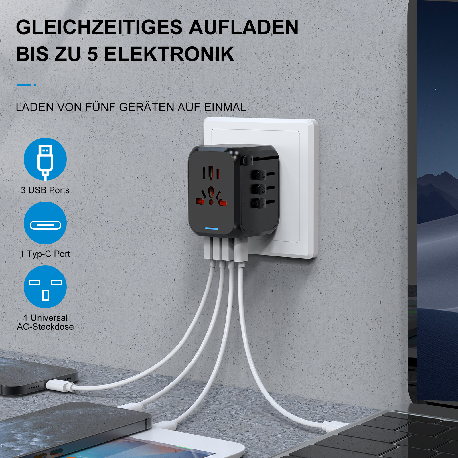 Internationale reisadapter USB-oplader met 3 USB en Type C, alles-in-één wandoplader voor US EU UK AUS reisstekker wereldwijd