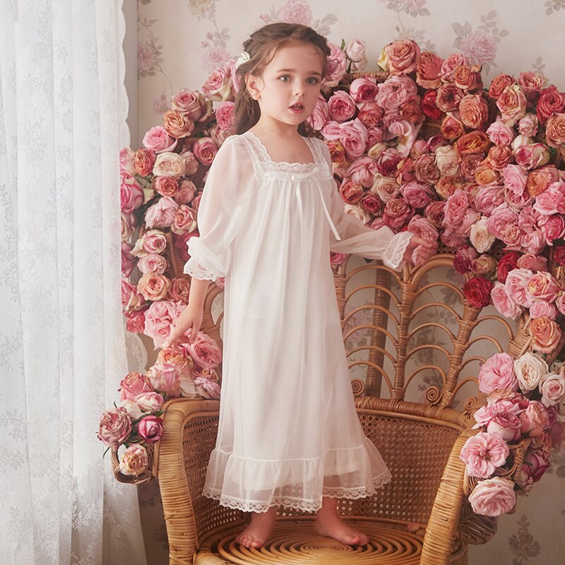Camisón de princesa para niñas pequeñas, vestido de dormir de malla de encaje, manga larga, longitud media