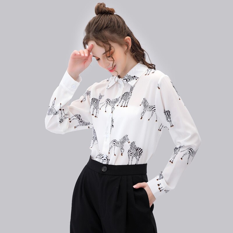 QWEEK Satin Blouse Women Silk Zebra Print Shirts Long Sleeve Vintage Office Ladies Tops Femme Green Blouses
