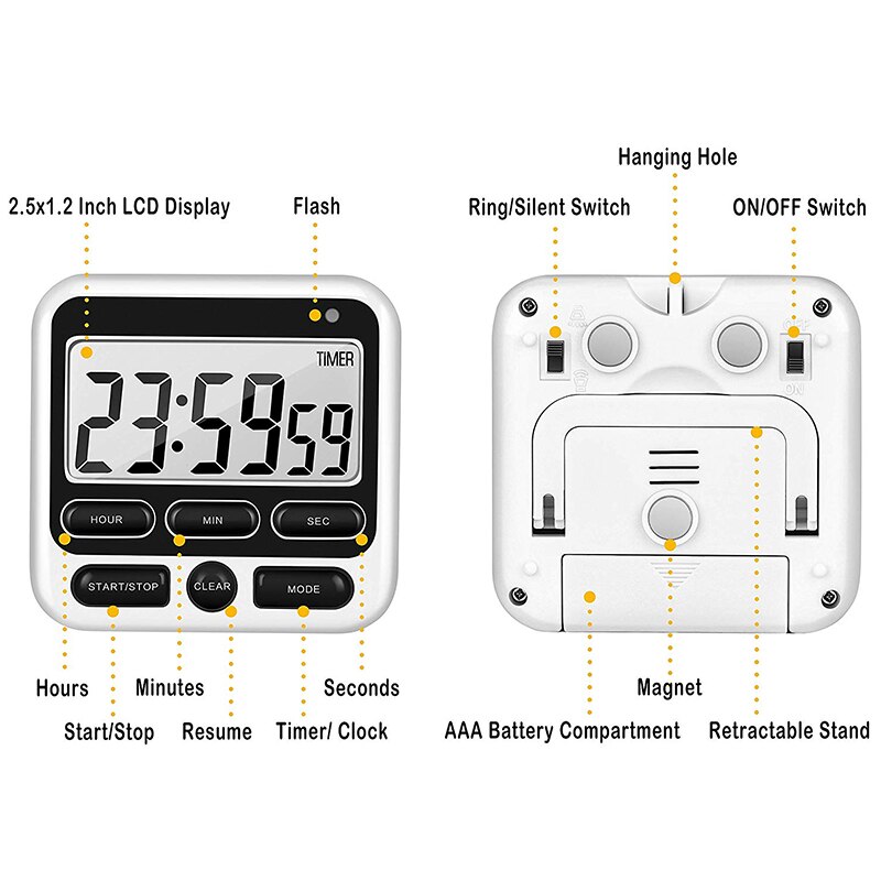 Digital Kitchen Timer with Mute/Loud Alarm Switch ON/OFF Switch, 12 Hour Clock &amp; Alarm, Memory Function Count Up &amp; Count Down fo