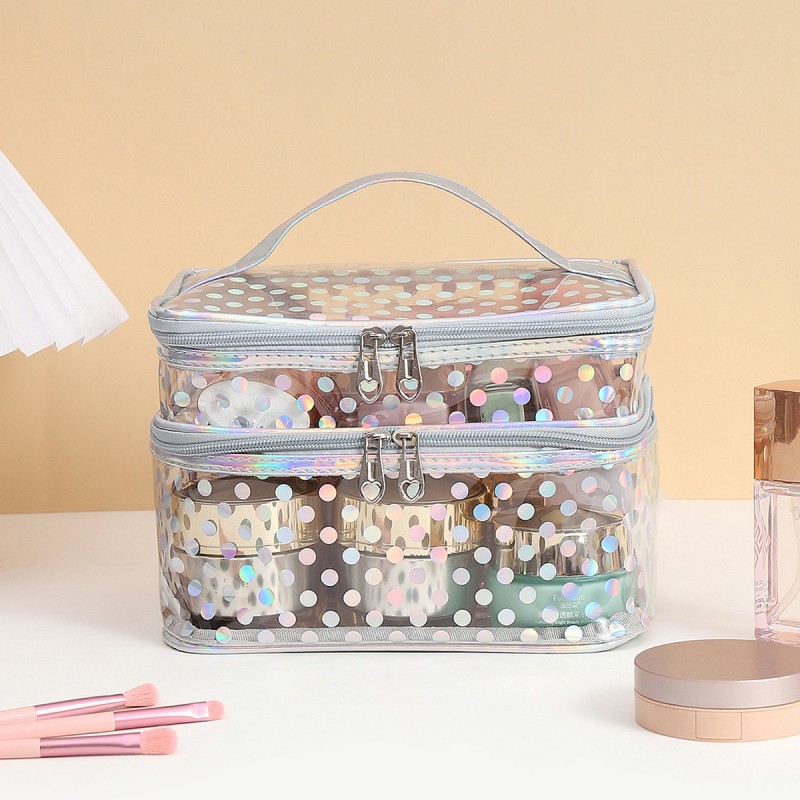 Polka dot transparent PVC double layer makeup bag Multi-functional portable waterproof makeup case large capacity travel storage: Clear