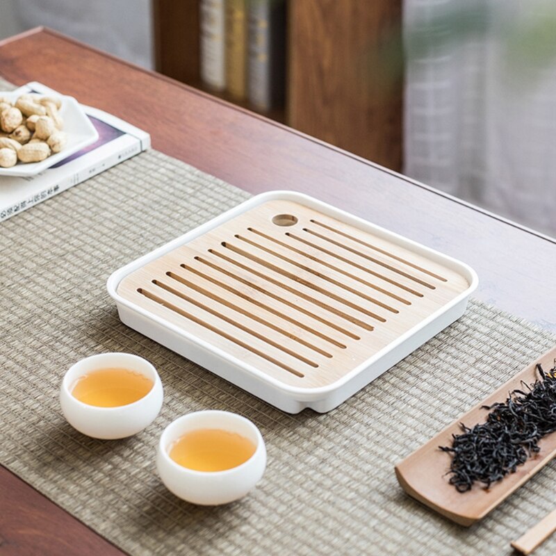 Square Simple Dry Soak Tea Tray Eco-Friendly Wooden Drainage Water Storage Tea Board Table