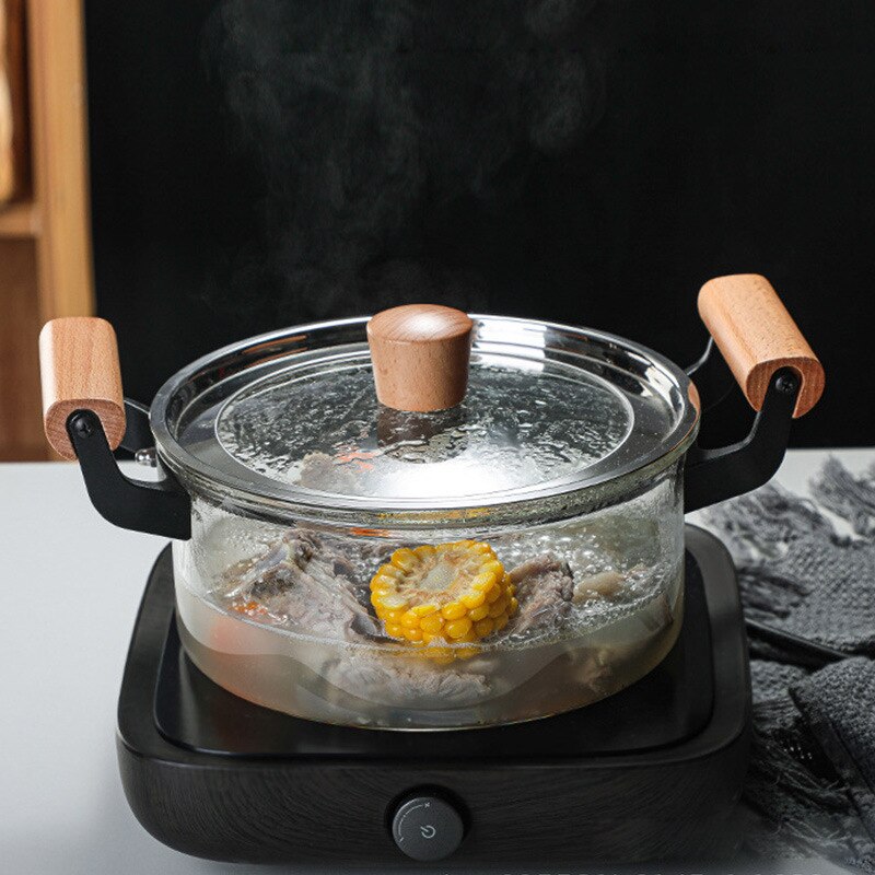Marmite transparente à double oreille en borosilicate, grande capacité, en verre, à feu ouvert, marmite à ragoût, marmite à soupe domestique
