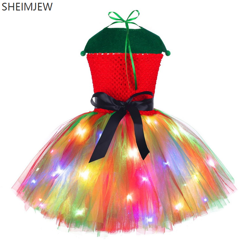 Christmas Elf Cosplay Dress Xmas Red And Green Princess Tutu Led Light Sequin Rainbow Ballet Suits Christmas Birthday Party