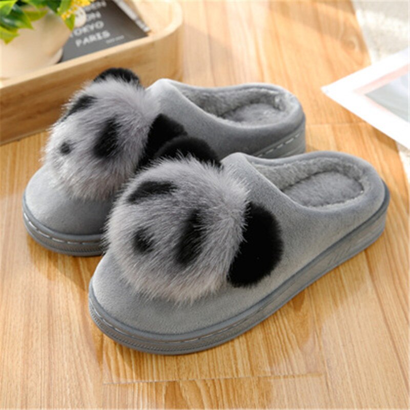 Winter dames schuiven aan korte pluche warme pantoffels cartoon animatie panda dames pantoffels dames binnenhuis platte comfortabele schoenen