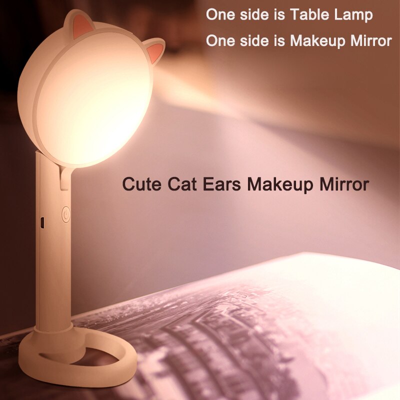 AiLESEN Cute Cat Ears Makeup Mirror And Table Desktop Lamp Third gear light adjustable Multi-function makeup mirror