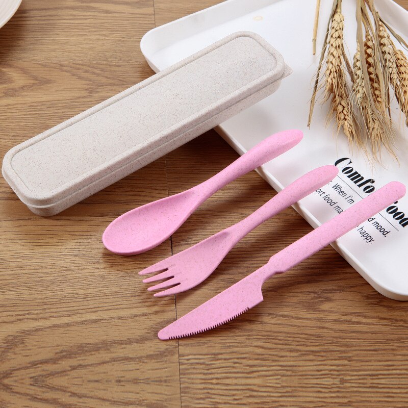 3 Stks/set Reizen Bestek Draagbare Bestek Doos Japan Stijl Tarwestro Mes Vork Lepel Student Servies Sets Keuken Servies: pink