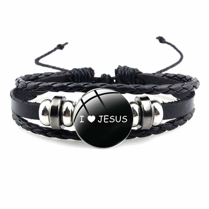 Bracelet avec symbole chrétien de poisson de jésus, bijou en verre fait à la main, Punk, en cuir tissé noir, bijoux manchette pour hommes et femmes