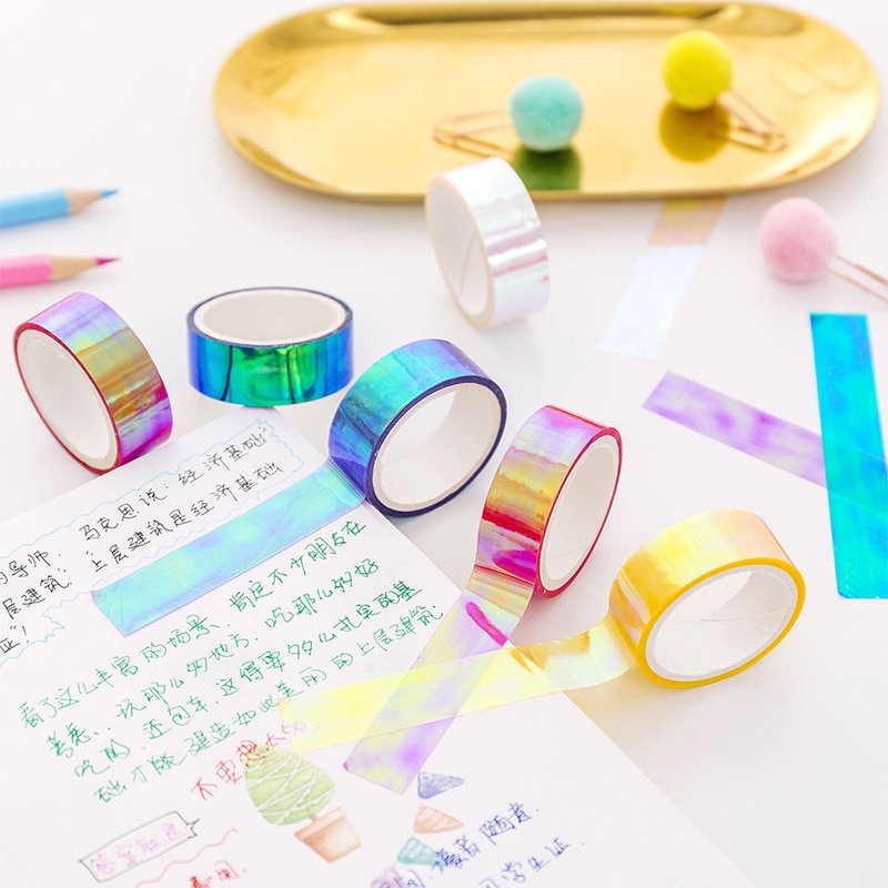 Kawaii Holografische Washi Tape Leuke Kleurrijke Scrapbooking Masking Tape Diy Washitape Decoratieve Plakband Japanse Briefpapier