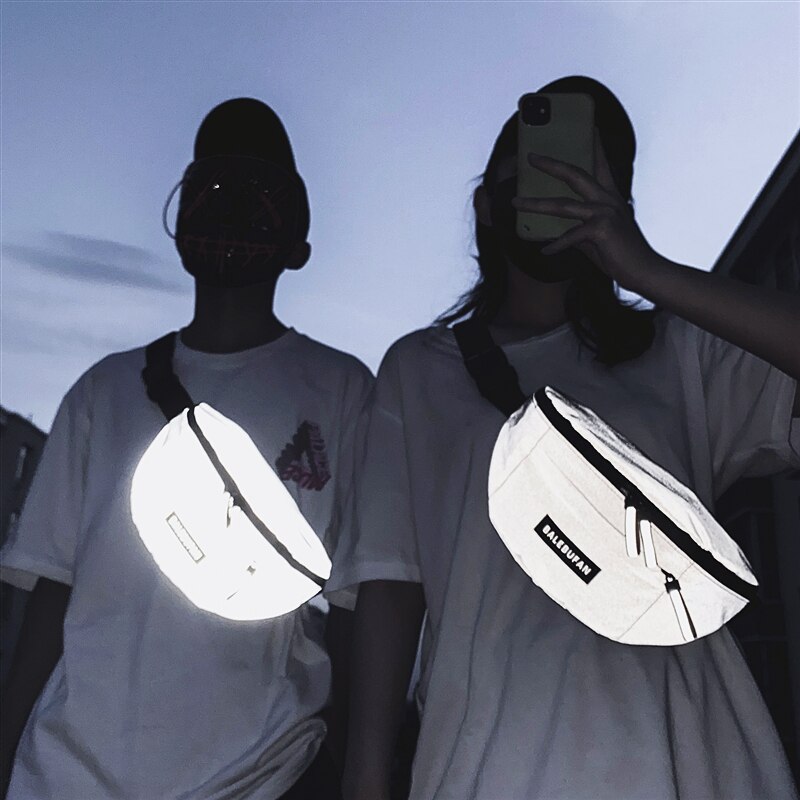 Nova marca de moda feminina saco de peito saco de desporto bolsa de ombro hip-hop personalidade cintura saco noite equitação reflexivo