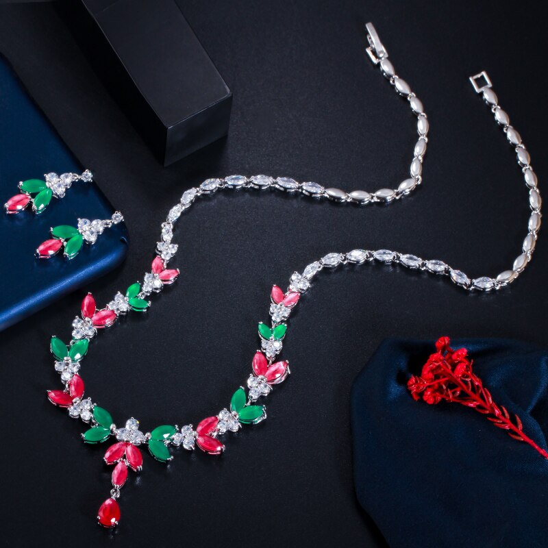 CWWZircons – ensemble de bijoux de mariage en pierre de zircone cubique, collier et boucles d&#39;oreilles, , africain, vert, rouge, T467