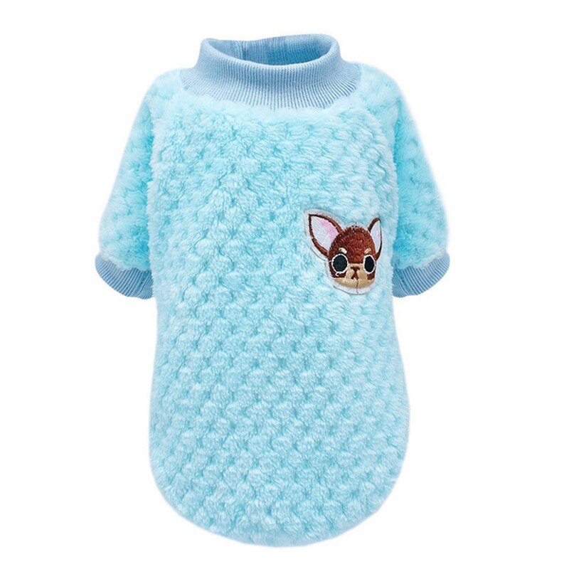 Cozy Soft Plush Pet Dog Sweater Clothes Pajamas Round Neck Cat Kitten Jumper Coat Embroidery Coral Fleece Puppy Sweater Coat: Blue / M