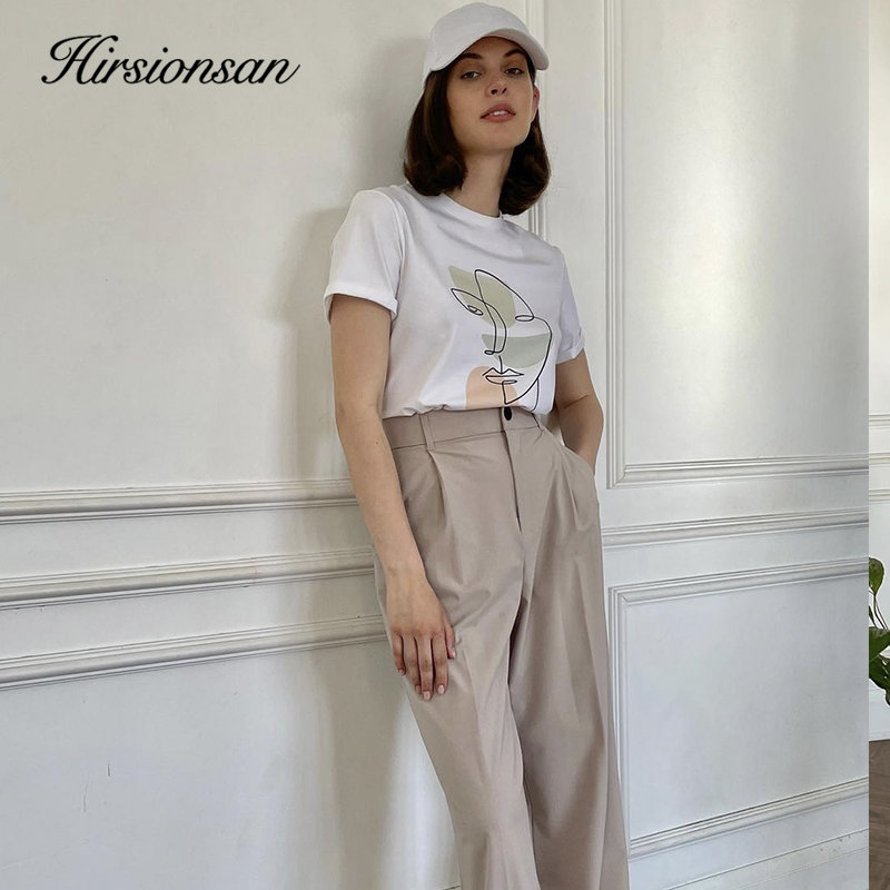 Hirsionsan abstrakt print t-shirt til kvinder sommer oversized 100%  bomuld t-shirts afslappet løs æstetisk t-shirt o-hals toppe