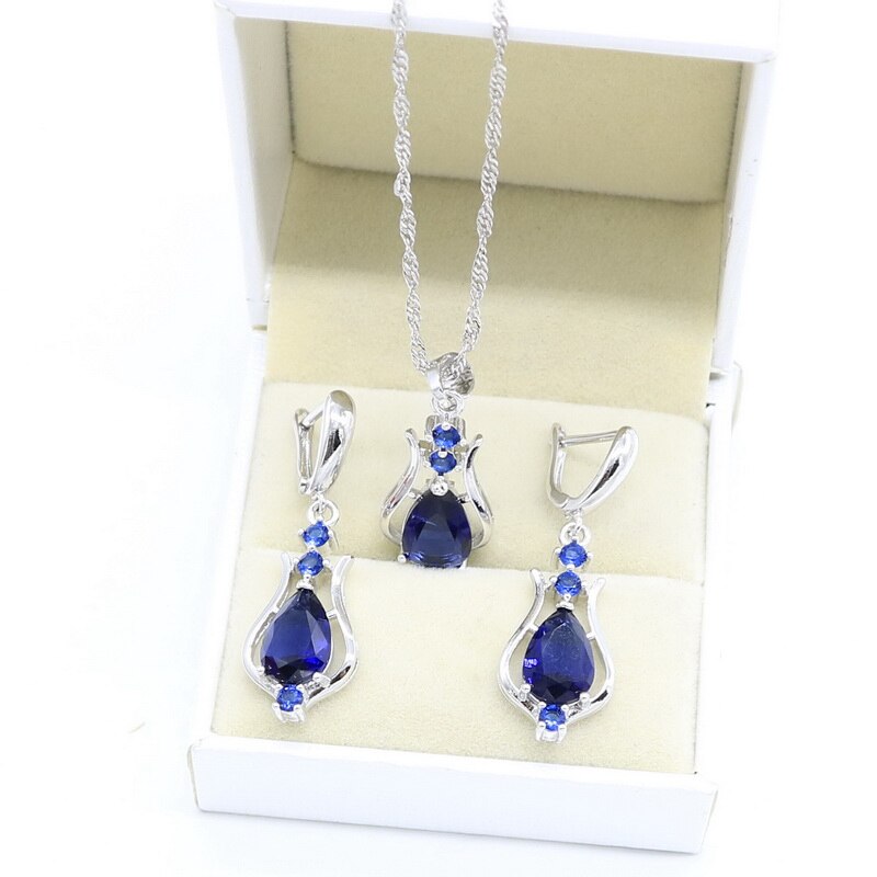 Niebieski szafir spadek kolczyki naszyjnik srebrny 925 komplet biżuterii damskiej bezpłatny prezent biżuteria ślubna