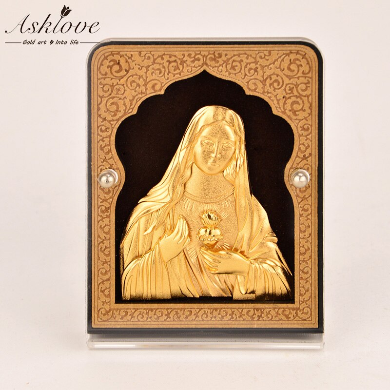 Virgin Mary Ornament Religieuze Kunst Christelijke De Maagd Maria Standbeeld Gouden Folie Decoratie Auto Ornamenten Desktop Decoraties