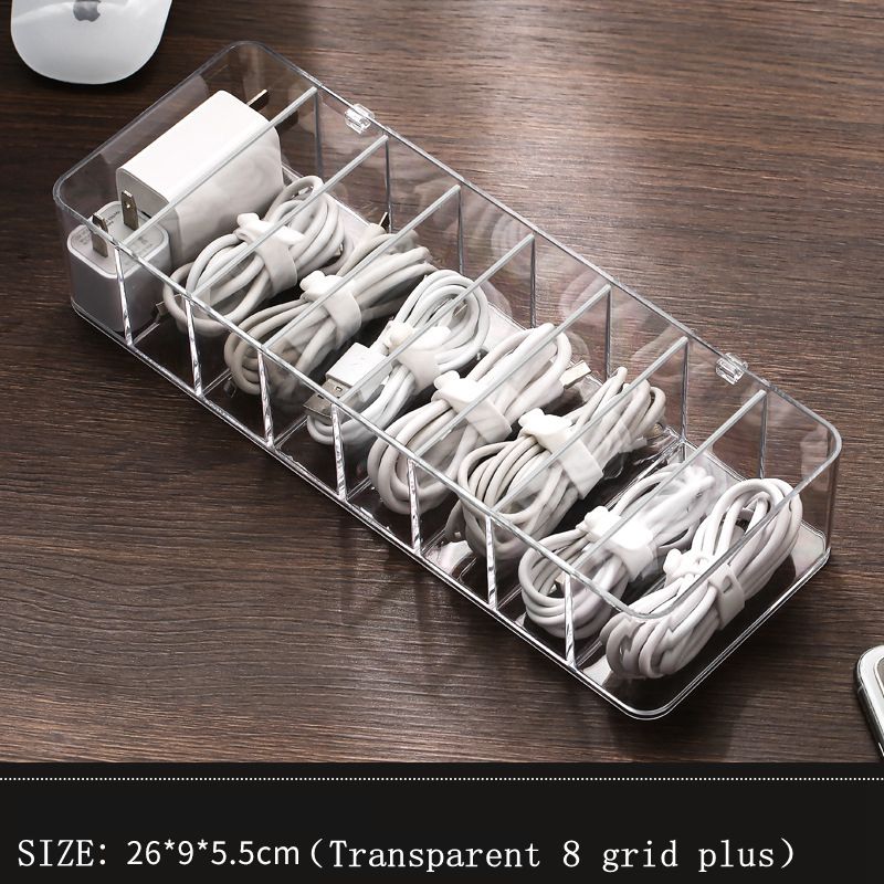 Large Acrylic Data Cable Storage Box Rectangle Desktop Plastic Data Cable Headphone Line Storage Box Dust Portable Box With Lid: 8 grid plus